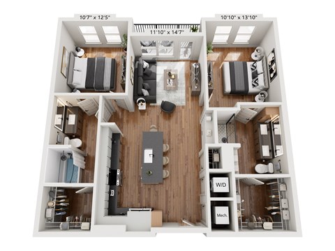 A floor plan of a two-bedroom apartment with dimensions and labeled rooms.